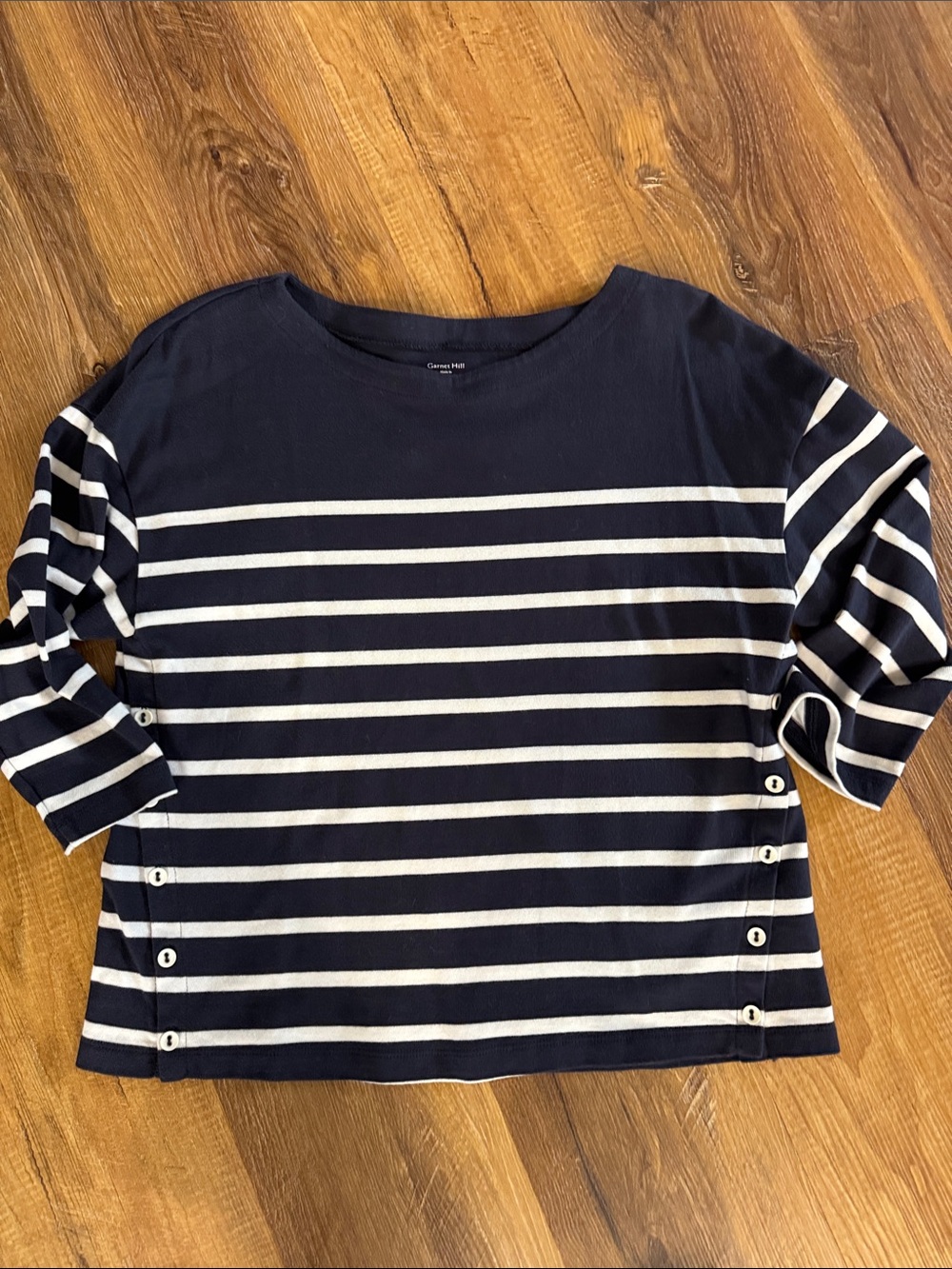 Garnet Hill Navy and White Striped Long-Sleeve Crewneck Top